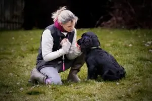 Woman kneels next to hunting dog to show kindness and love